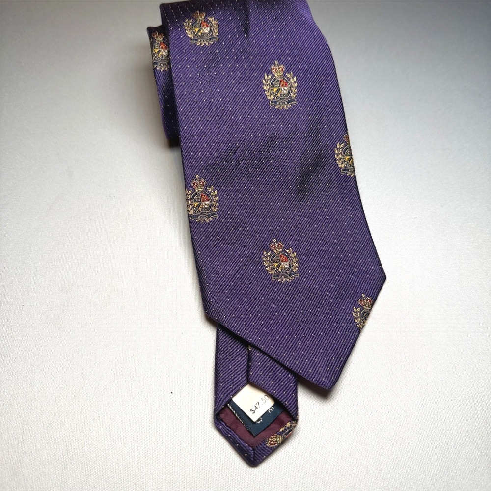 VTG Polo Ralph Lauren Tie Mens Purple Silk Crest Motif Pin Dot Hand Made USA IVY